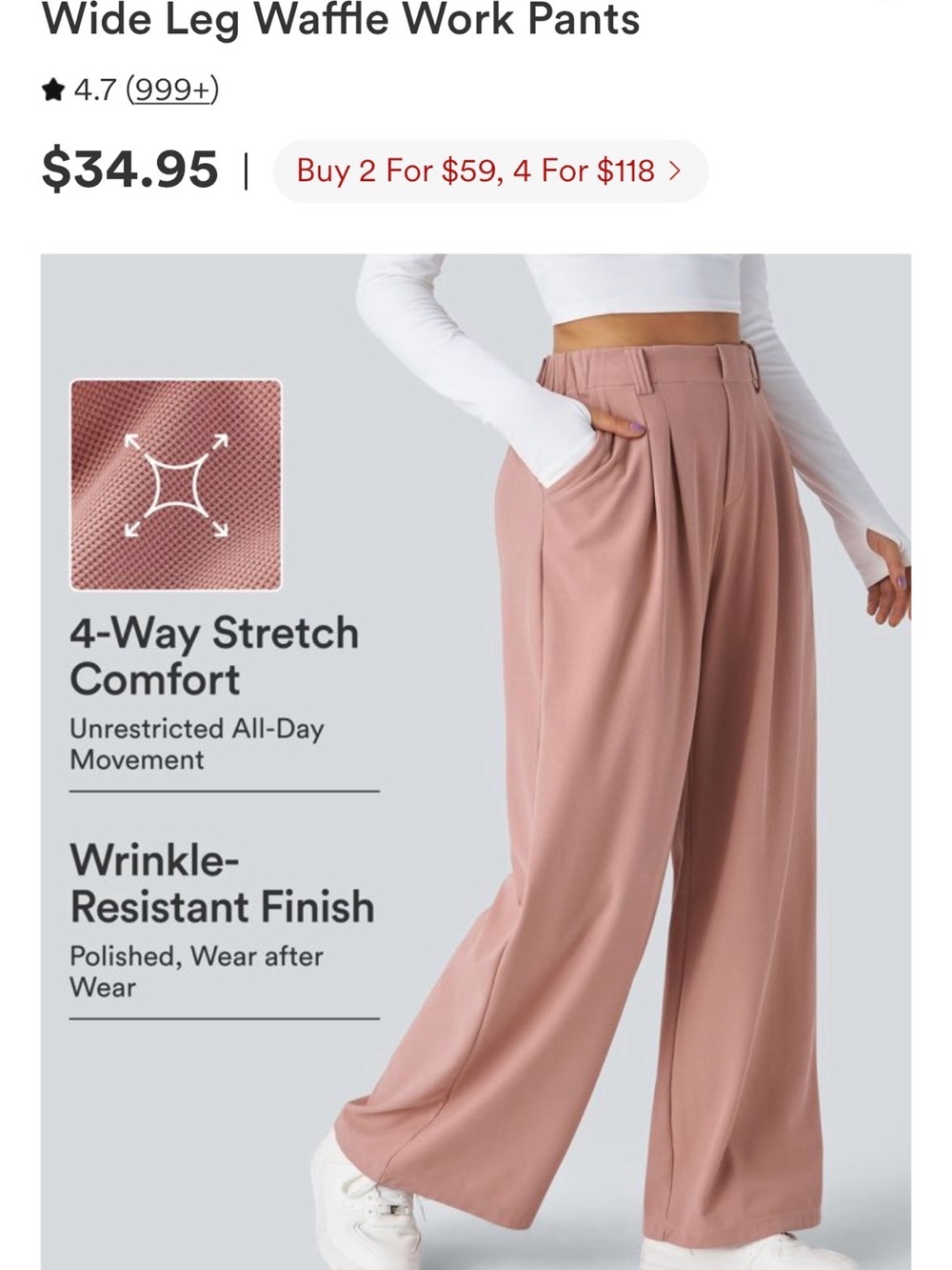 HALARA Wide-Leg Waffle Work Pants in Dusty Rose (Tall)